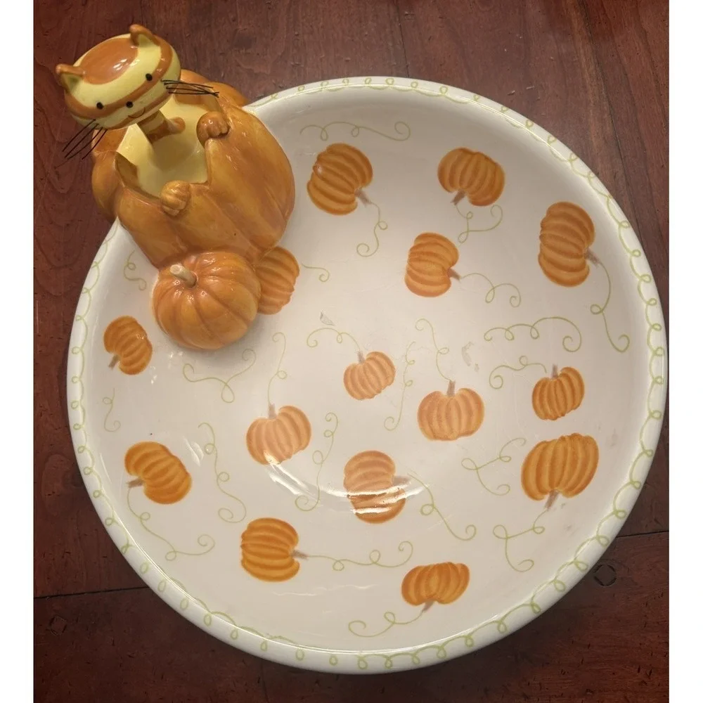 Tabby Cat Jack-O-Lantern Pumpkin Halloween Candy Dish Bowl Striped Orange Yellow